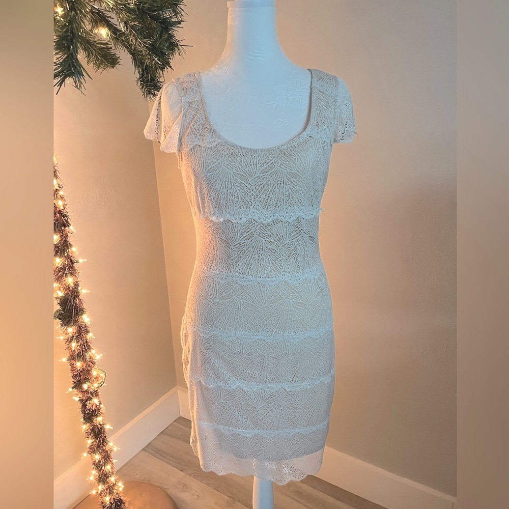 bebe white lace/nude dress